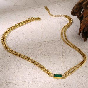 New 18K Gold Plated Link Chain Green Gemstone Necklace